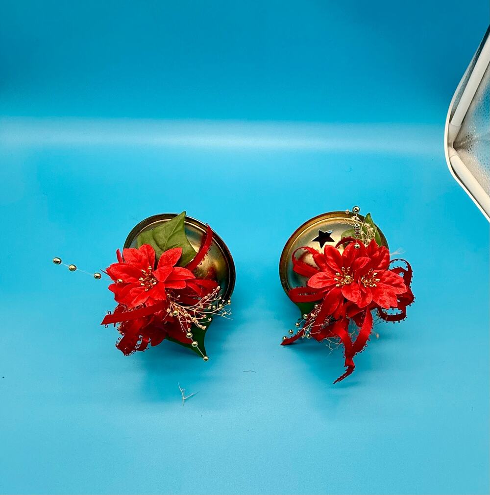 Large Metal Jingle Bells Christmas Poinsettia Decor Gold Red Set of 2